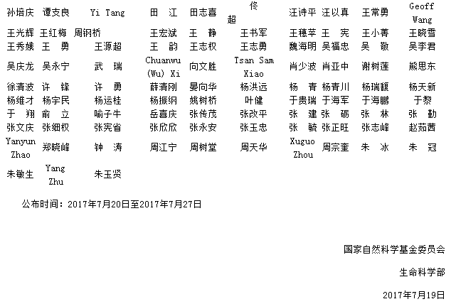 2017年度生命科学部优秀青年科学基金项目会议评审专家名单公布