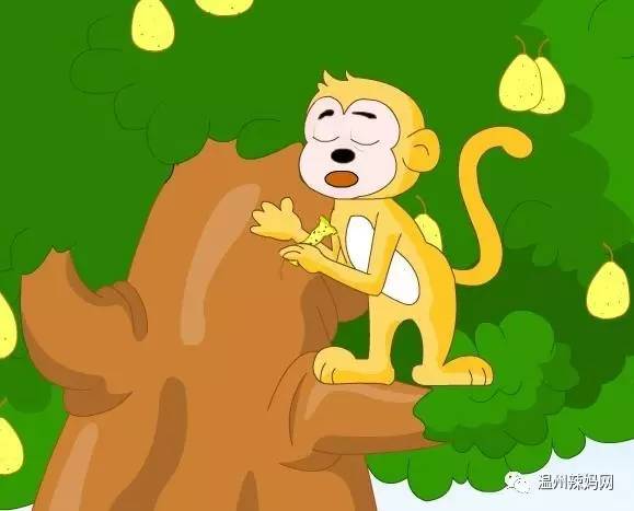 小猴漱完口,又一蹦一蹦地跑了,这回他跑到一棵梨树边,蹦到树上,摘下一